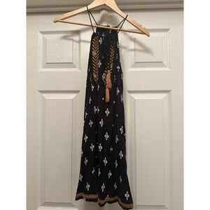 THML Halter Dress Womens MP Black Tan Embroidered Tassel Boho Mini Ikat Print